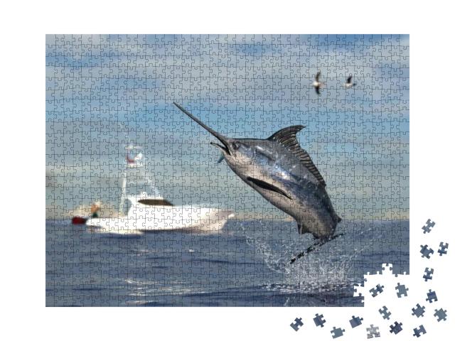 Big Game Fishing Time, Big Swordfish Marlin Jumped Hooked... Jigsaw Puzzle with 1000 pieces