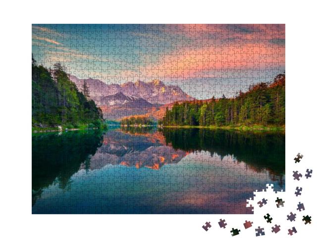 Impressive Summer Sunrise on the Eibsee Lake with Zugspit... Jigsaw Puzzle with 1000 pieces