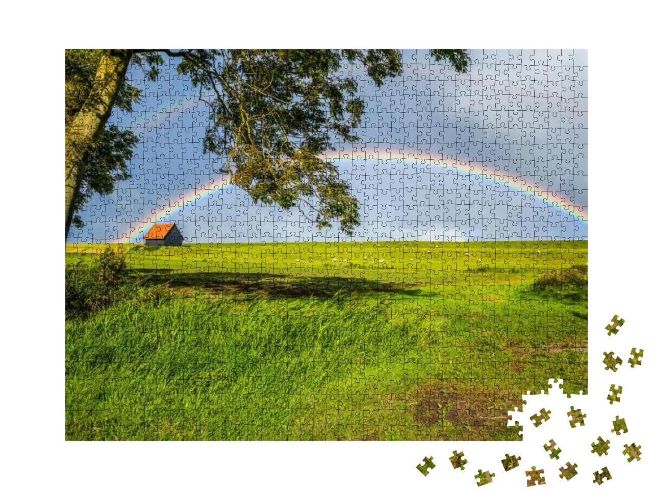 Rainbow in Sky Clouds Over Rural House Lawn Summer Field... Jigsaw Puzzle with 1000 pieces