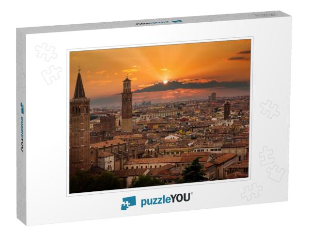 View of Verona. Orange Sunset & Beautiful Sun. Italy... Jigsaw Puzzle