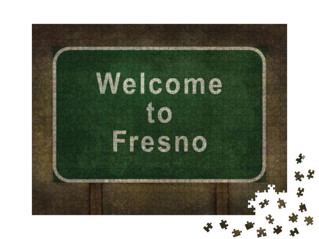 Welcome to Fresno, Road Sign Illustration with Distressed... Jigsaw Puzzle with 1000 pieces