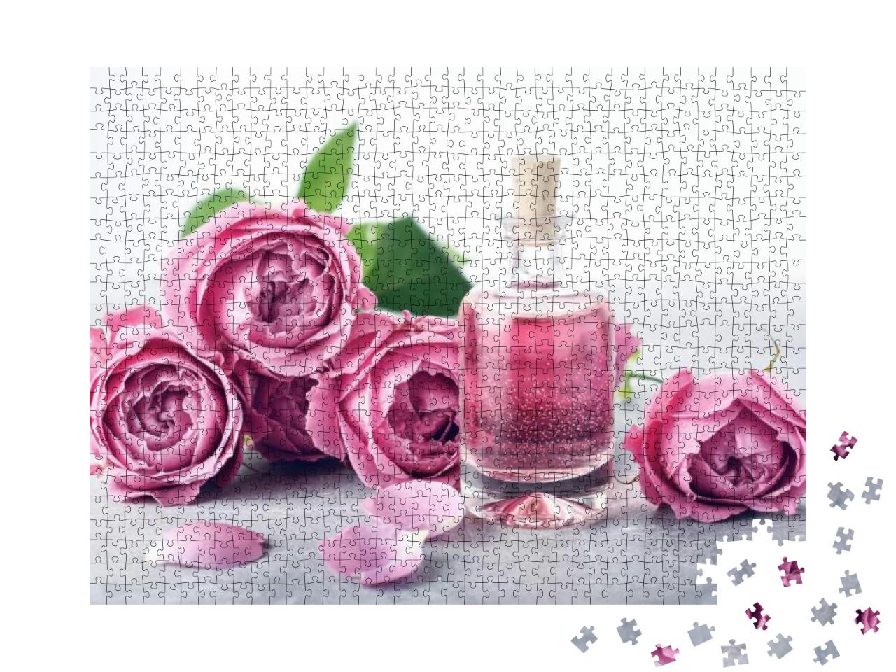 Perfumed Rose Water in Glass Bottle, Roses... Jigsaw Puzzle with 1000 pieces