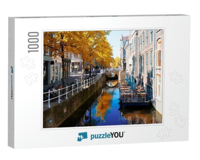 Street with Canal in Delft Old Town in Holland At Fall... Jigsaw Puzzle with 1000 pieces
