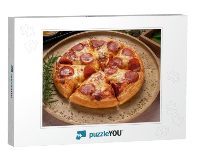 Tasty Pepperoni Pizza on Wooden Background. Top View of H... Jigsaw Puzzle