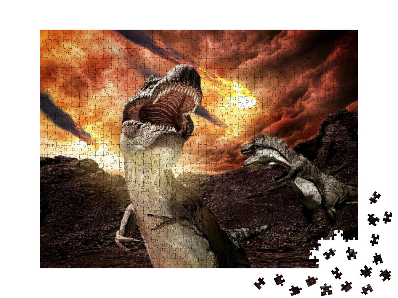 Jurassic Dinosaurs Fighting Before Extinction - 3D Render... Jigsaw Puzzle with 1000 pieces