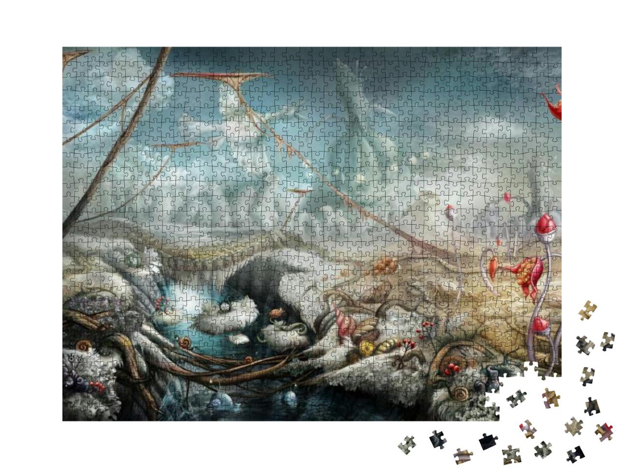 Fantasy Panoramic Landscape with Lake & Flowers. Digital... Jigsaw Puzzle with 1000 pieces