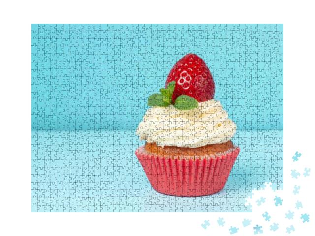 Cupcake with Whipped Cream Decorated Strawberry & Mint on... Jigsaw Puzzle with 1000 pieces
