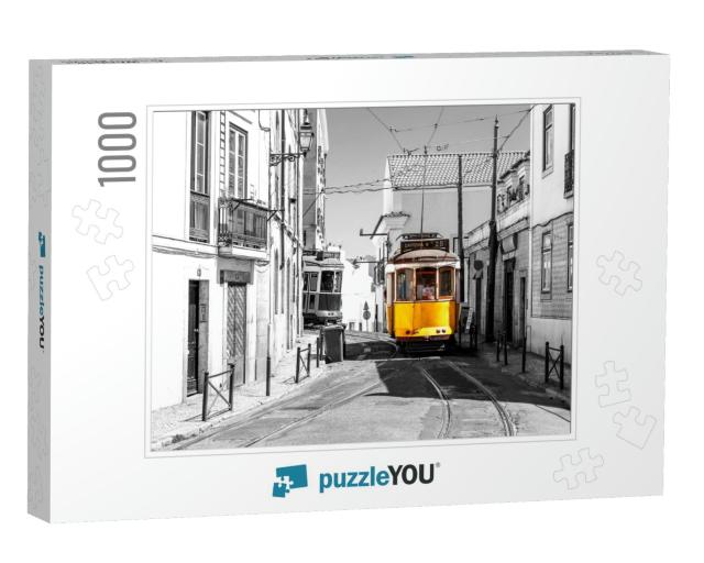 Yellow Tram on Old Streets of Lisbon, Alfama, Portugal, P... Jigsaw Puzzle with 1000 pieces