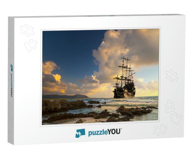 Pirate Ship At the Open Sea At the Sunset... Jigsaw Puzzle