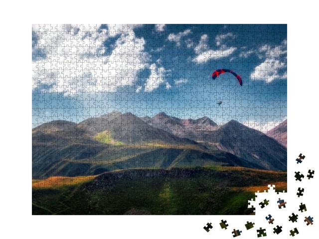 Landscape View of Paraglider Flying Over Beautiful Mounta... Jigsaw Puzzle with 1000 pieces