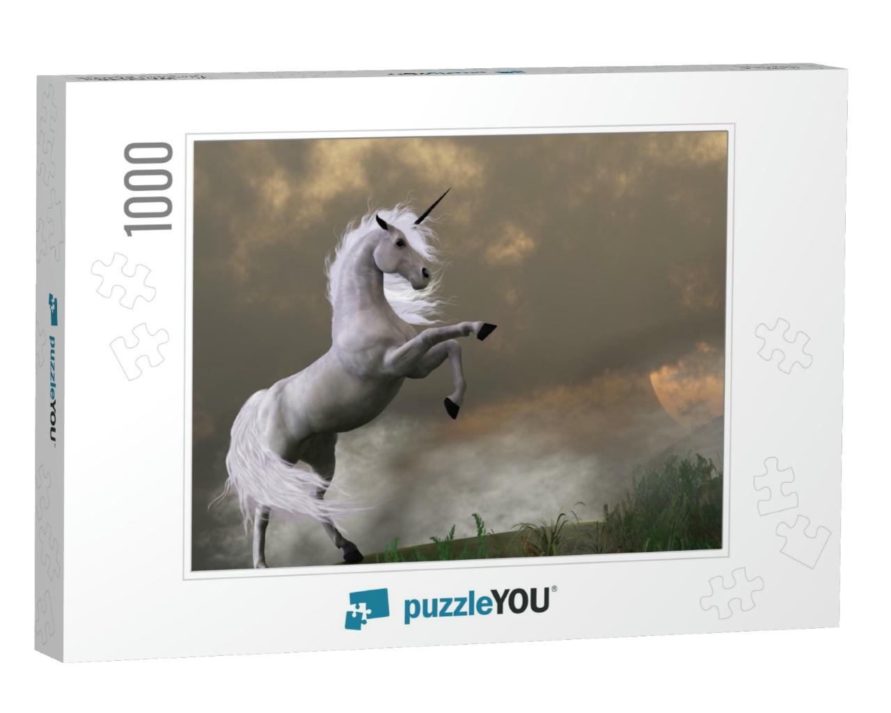 Rare Earth - a Unicorn Stag Asserts Its Power on a Hill S... Jigsaw Puzzle with 1000 pieces