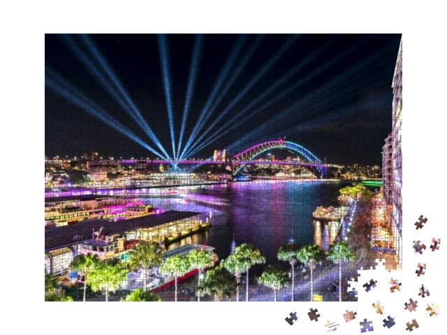 Circular Quay & Sydney Harbor Bridge Illuminated with Col... Jigsaw Puzzle with 1000 pieces