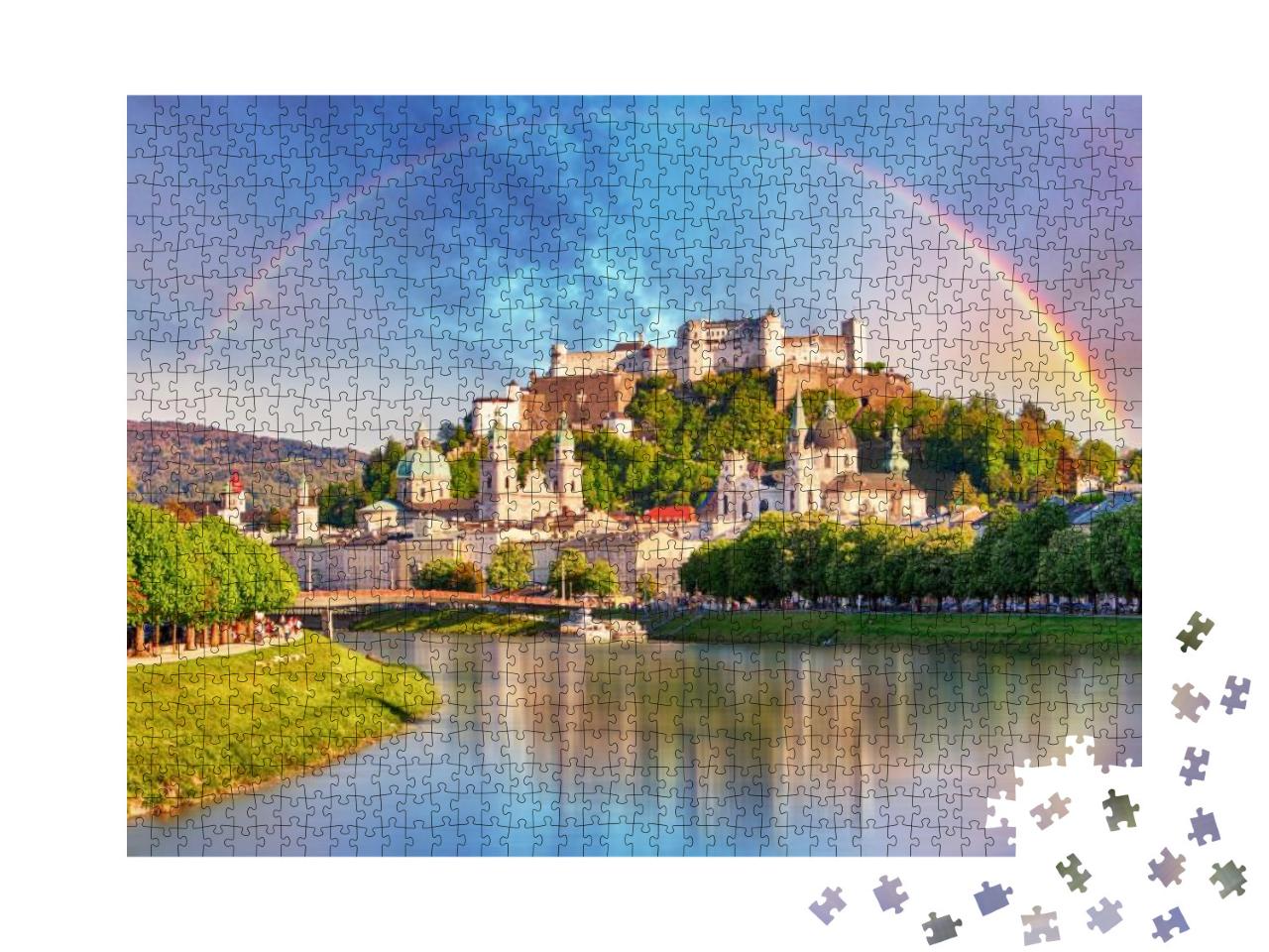 Austria, Rainbow Over Salzburg Castle... Jigsaw Puzzle with 1000 pieces