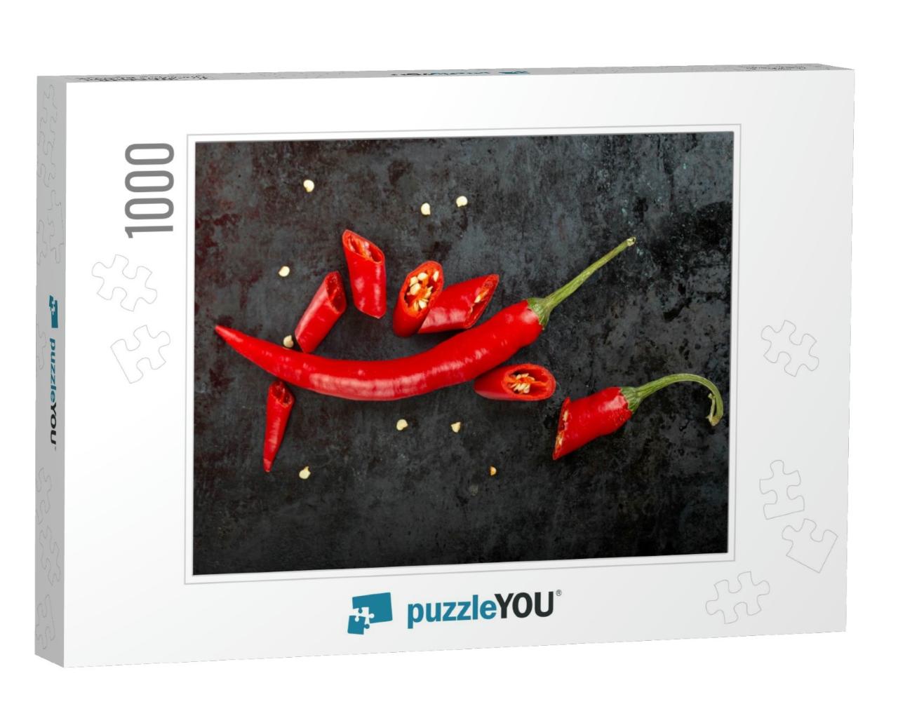 Chopped & Whole Pods of Red Chili Peppers on a Dark Backg... Jigsaw Puzzle with 1000 pieces