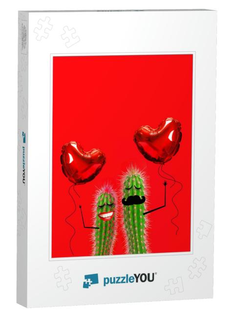 Valentines Day. Cactus Couple with Heart Balloons in Love... Jigsaw Puzzle