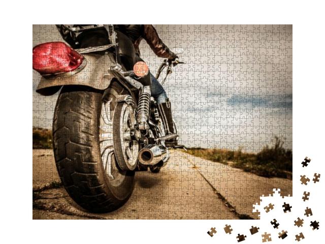 Biker Girl Riding on a Motorcycle. Bottom View of the Leg... Jigsaw Puzzle with 1000 pieces