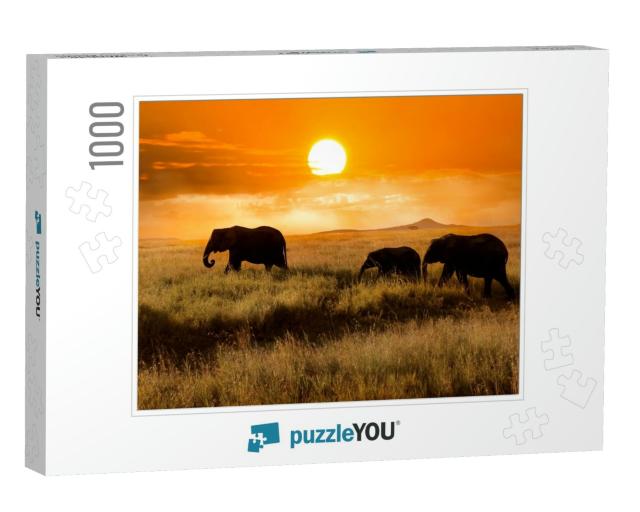 Family of Elephants At Sunset in the National Park of Afr... Jigsaw Puzzle with 1000 pieces