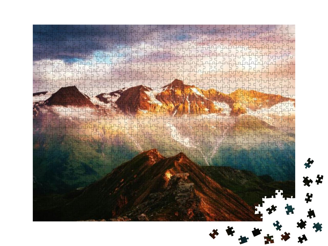 A Look At the Sunlit Hills At Twilight. Dramatic Evening... Jigsaw Puzzle with 1000 pieces
