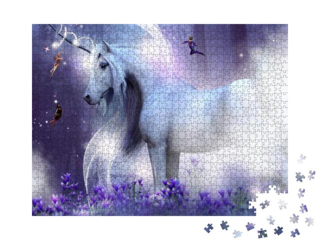 A Majestic Unicorn with Three Little Fairies Sending Magi... Jigsaw Puzzle with 1000 pieces