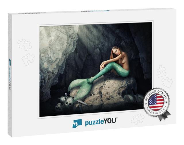 Beautiful Woman Mermaid Sitting on Stones in Dark Cave. H... Jigsaw Puzzle