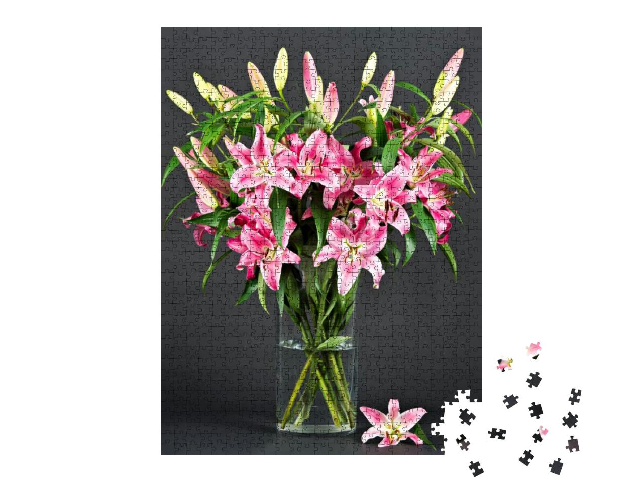 Pink Lily Flowers on Black Background... Jigsaw Puzzle with 1000 pieces
