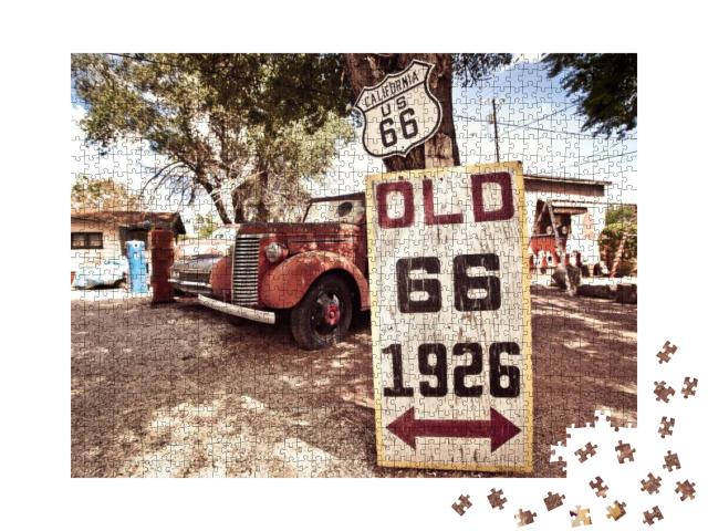 Old Route 66 Signs with Rusty Cars in Background... Jigsaw Puzzle with 1000 pieces