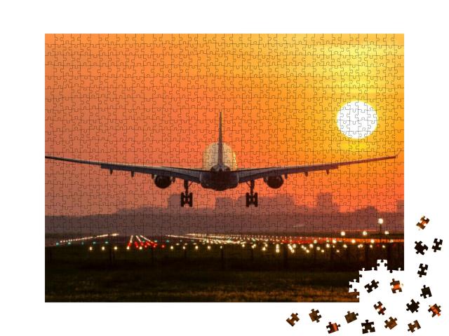 Passenger Plane is Landing During a Wonderful Sunrise... Jigsaw Puzzle with 1000 pieces