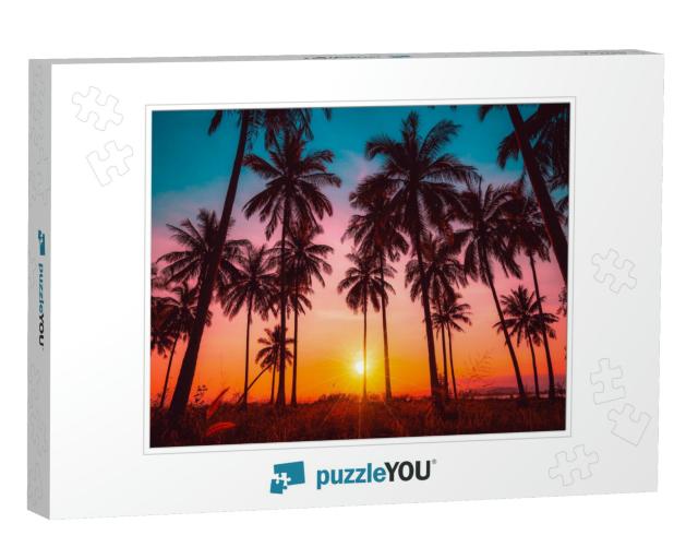 Silhouette Coconut Palm Trees on Beach At Sunset. Vintage... Jigsaw Puzzle