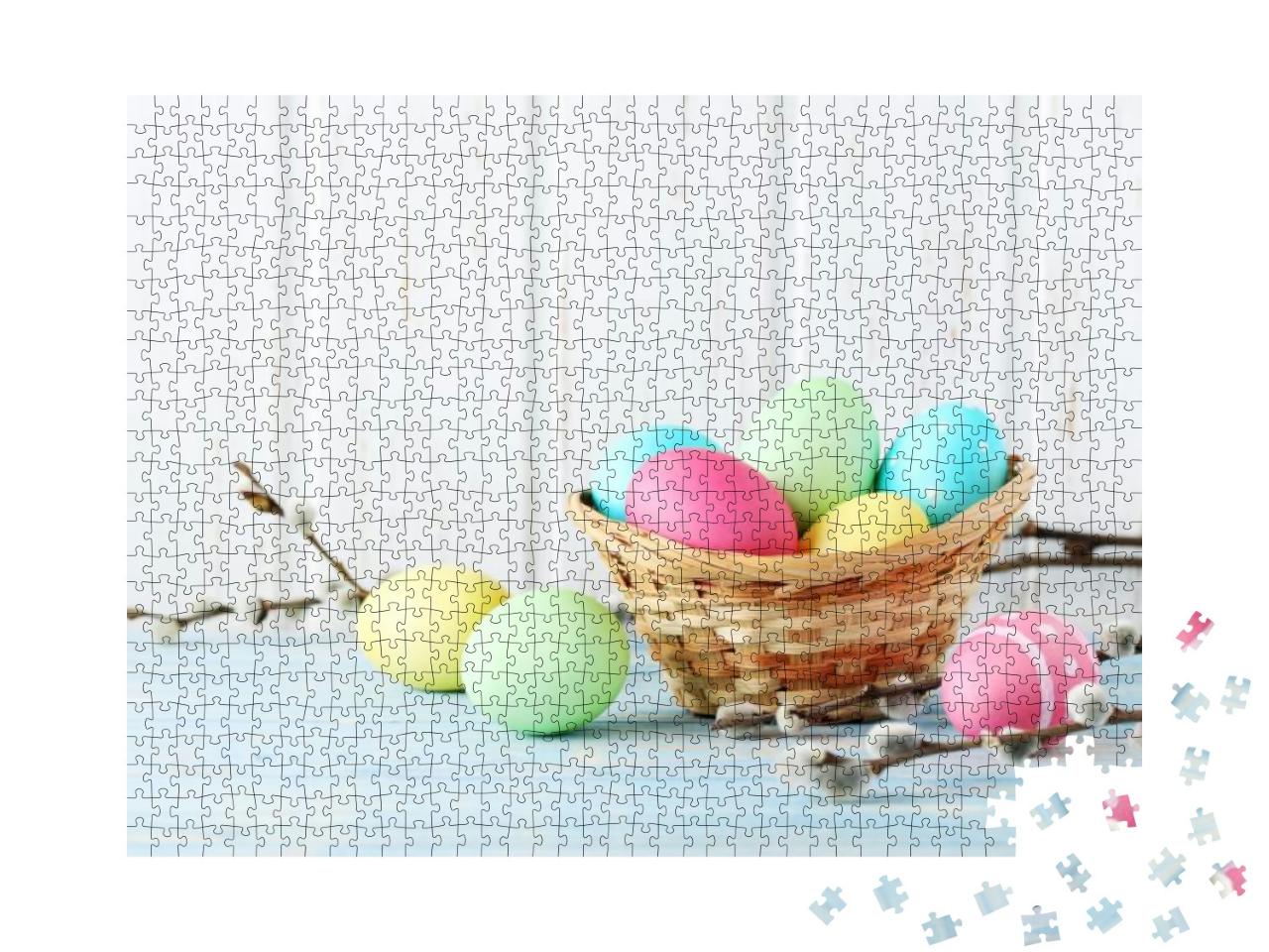 Easter Eggs on a Blue Wooden Table... Jigsaw Puzzle with 1000 pieces