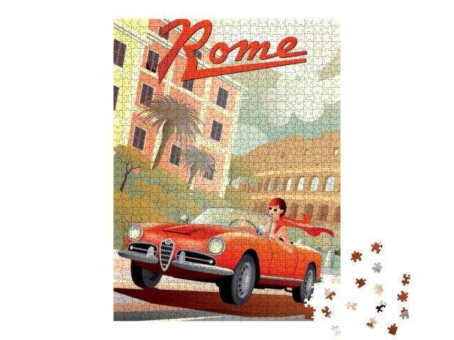 A Young Girl Driving a Retro Car on the Background of Rom... Jigsaw Puzzle with 1000 pieces
