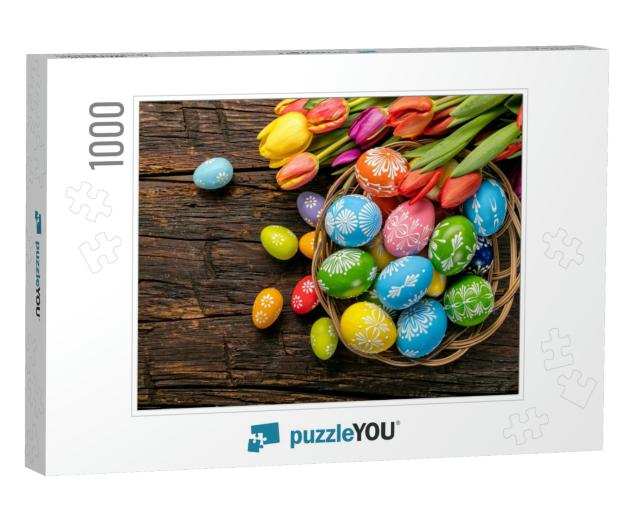 Easter Eggs & Tulips on Wooden Planks... Jigsaw Puzzle with 1000 pieces