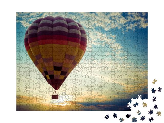 Colorful Hot Air Balloon Flying on Sky At Sunset. Travel... Jigsaw Puzzle with 1000 pieces