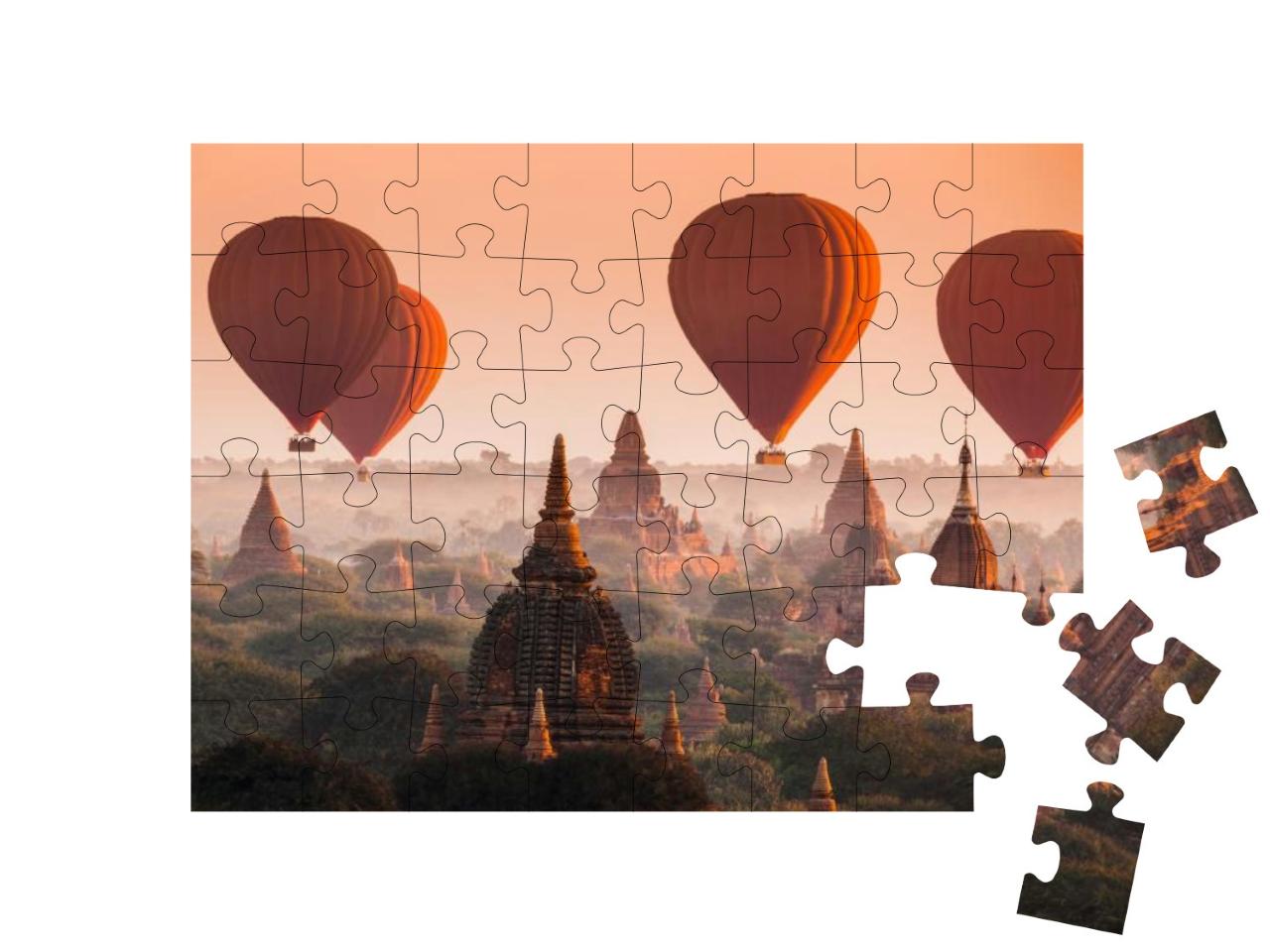 Hot Air Balloon Over Plain of Bagan in Misty Morning, Mya... Jigsaw Puzzle with 48 pieces