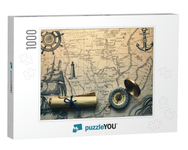 Vintage Retro Compass on a Treasure Map Concept... Jigsaw Puzzle with 1000 pieces