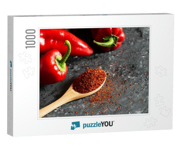 Fresh Capia Peppers & Chili Flakes or Powder in Wooden Sp... Jigsaw Puzzle with 1000 pieces