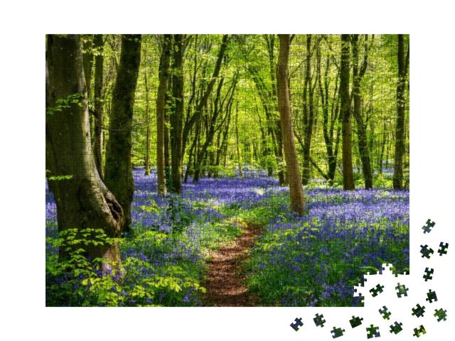 Sun Streams Through Bluebell Woods with Deep Blue Purple... Jigsaw Puzzle with 1000 pieces