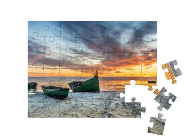Anchored Fishing Boat on Sandy Beach of the Baltic Sea... Jigsaw Puzzle with 48 pieces