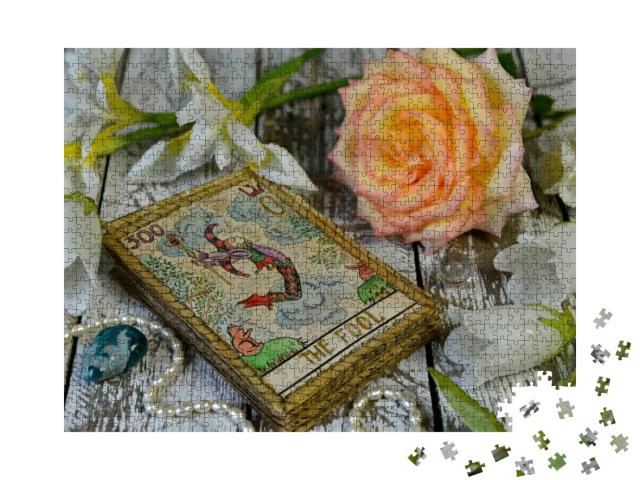 Tarot Cards & Flowers on Witch Wooden Altar... Jigsaw Puzzle with 1000 pieces