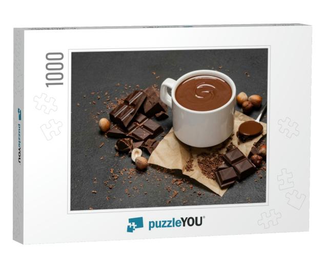 Cup of Hot Chocolate & Pieces of Chocolate on Dark Concre... Jigsaw Puzzle with 1000 pieces