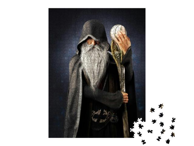 Evil Warlock Old Hooded Wizard Posing with Staff on a Blu... Jigsaw Puzzle with 1000 pieces