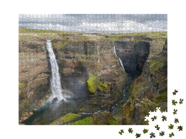 Dramatic Overview of Haifoss Waterfall, the Fourth Highes... Jigsaw Puzzle with 1000 pieces
