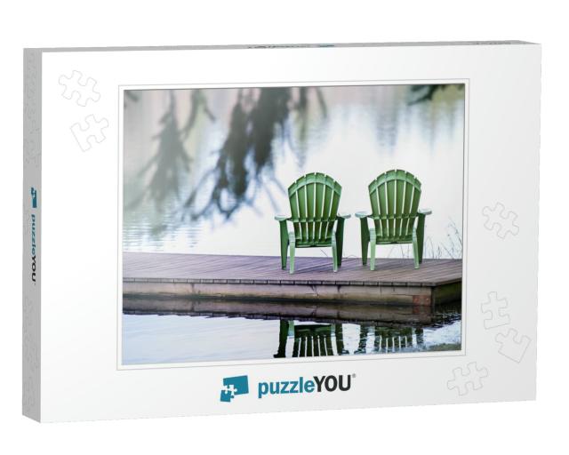 Lake View with Two Chairs on Wooden Dock... Jigsaw Puzzle