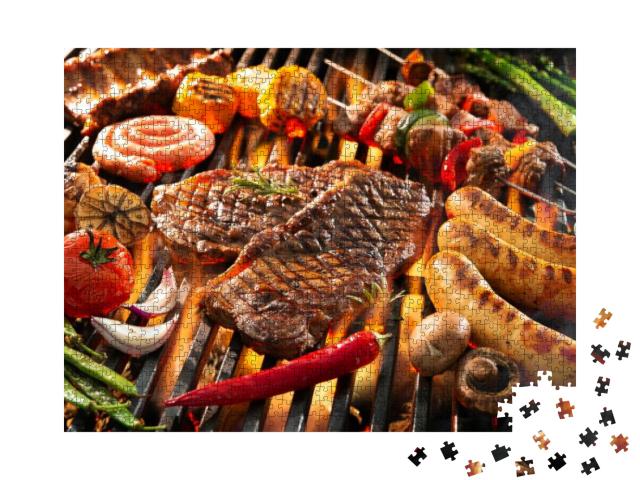 Assorted Delicious Grilled Meat with Vegetables Sizzling... Jigsaw Puzzle with 1000 pieces