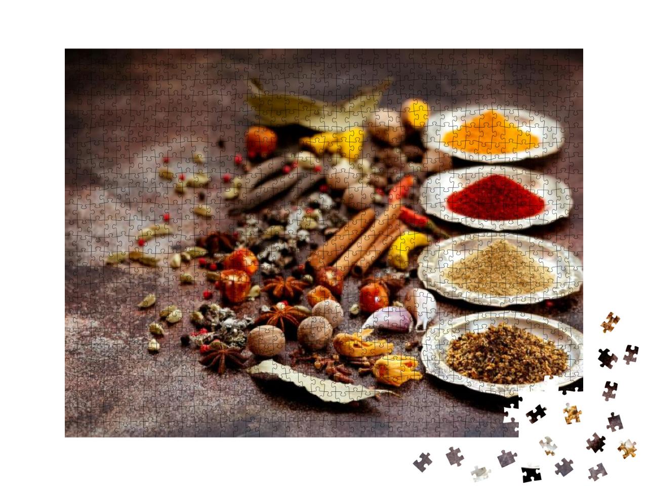 Spices & Herbs on Old Kitchen Table. Food & Cuisine Ingre... Jigsaw Puzzle with 1000 pieces