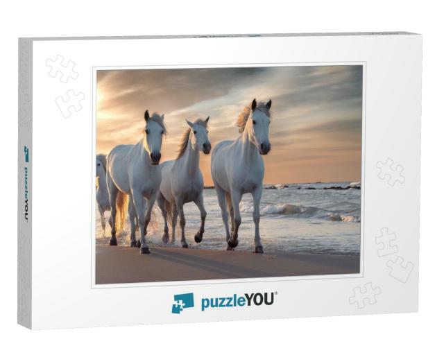Herd of White Horses Running Through the Water. Image Tak... Jigsaw Puzzle