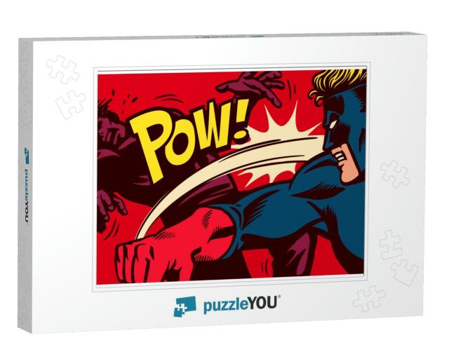 Pop Art Comic Book Style Panel with Superhero Fighting, T... Jigsaw Puzzle