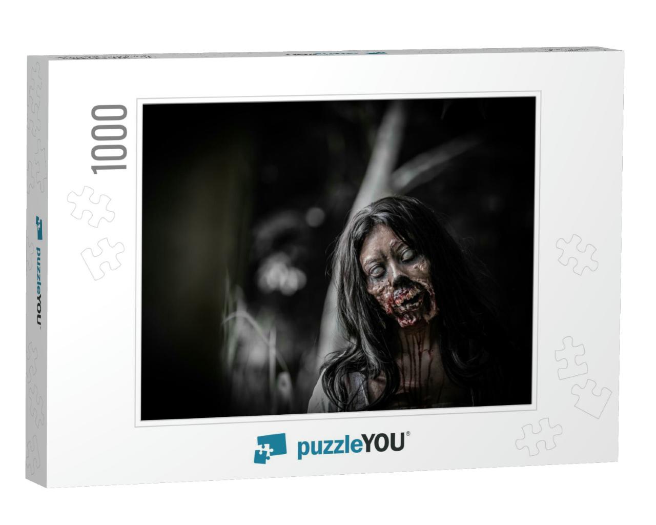 Portrait of Asian Woman Make Up Ghost Face with Blood, Ho... Jigsaw Puzzle with 1000 pieces