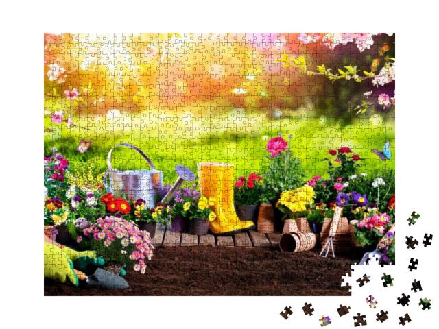 Spring Gardening - Flowerpots an Equipment in Sunny Garde... Jigsaw Puzzle with 1000 pieces