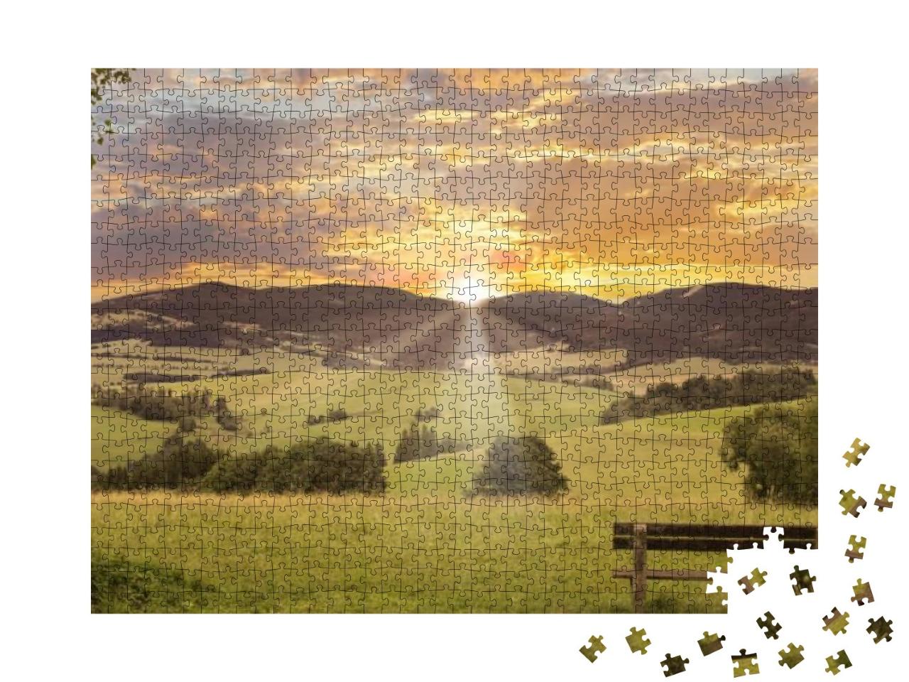 View of Bench, Valley, Mountains, Hills & Sunset... Jigsaw Puzzle with 1000 pieces