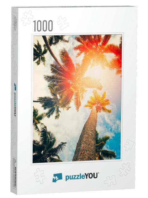 Palm Trees Against Blue Sky, Palm Trees At Tropical Coast... Jigsaw Puzzle with 1000 pieces